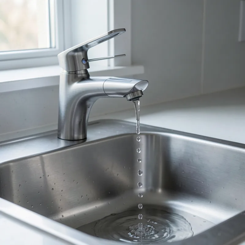 Gouttes d’eau tombant du bec d’un mitigeur de cuisine fermé au-dessus d’un évier en inox