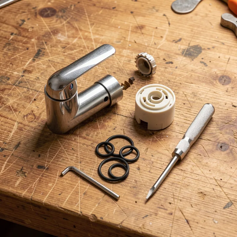 Cartouche à disques céramiques démontée posée à côté d’un mitigeur ouvert sur un plan de travail