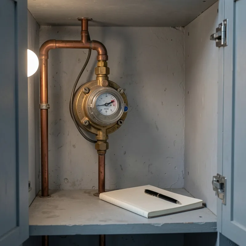 Compteur d’eau individuel dans un placard technique avec un carnet de relevés posé à côté
