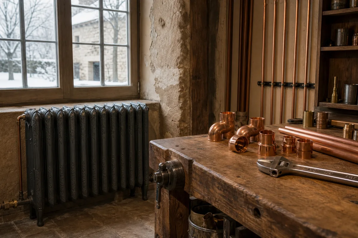 Radiateur en fonte ancien dans une pièce de maison de campagne en hiver