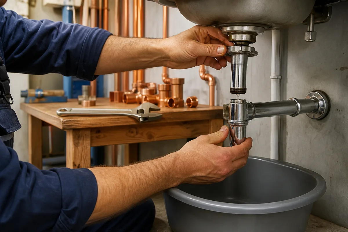 Démontage d&rsquo;un siphon sous un évier avec une bassine posée dessous