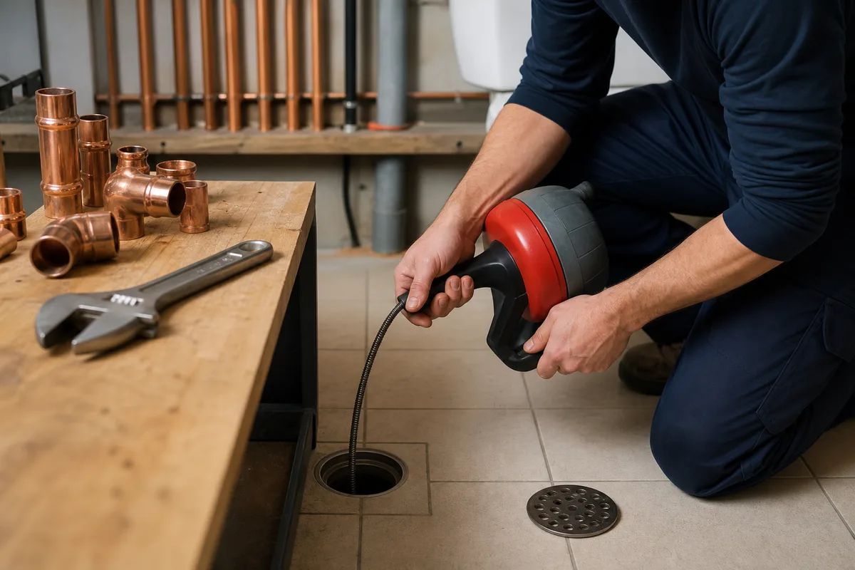 Plombier utilisant un furet pour déboucher une évacuation de salle de bains
