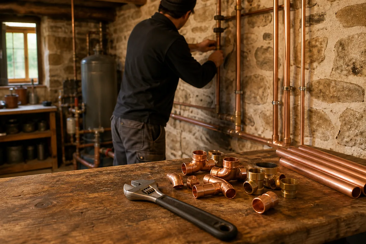 Artisan plombier travaillant sur une installation dans une maison ancienne en pierre
