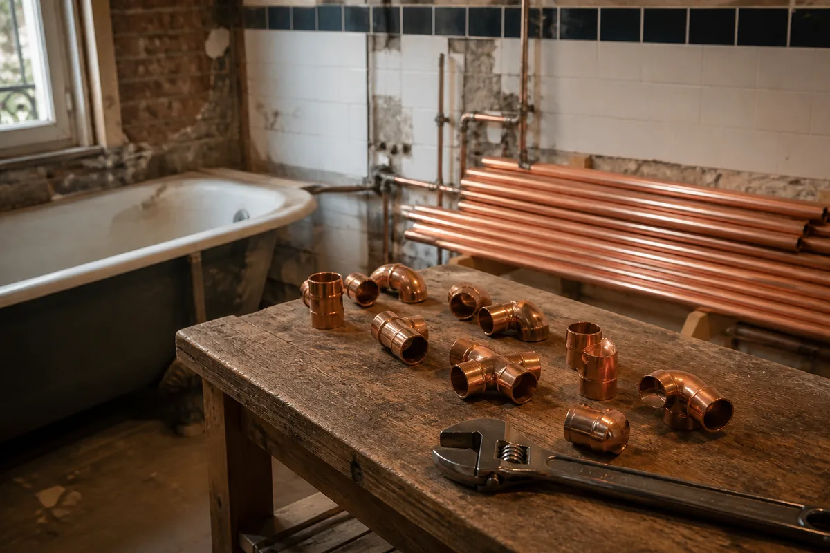 Salle de bains ancienne en cours de rénovation avec canalisations apparentes