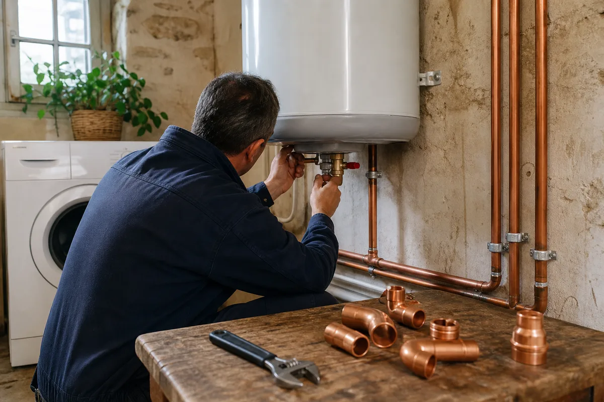 Un plombier vérifie le raccordement d’un chauffe-eau dans une buanderie de maison ancienne
